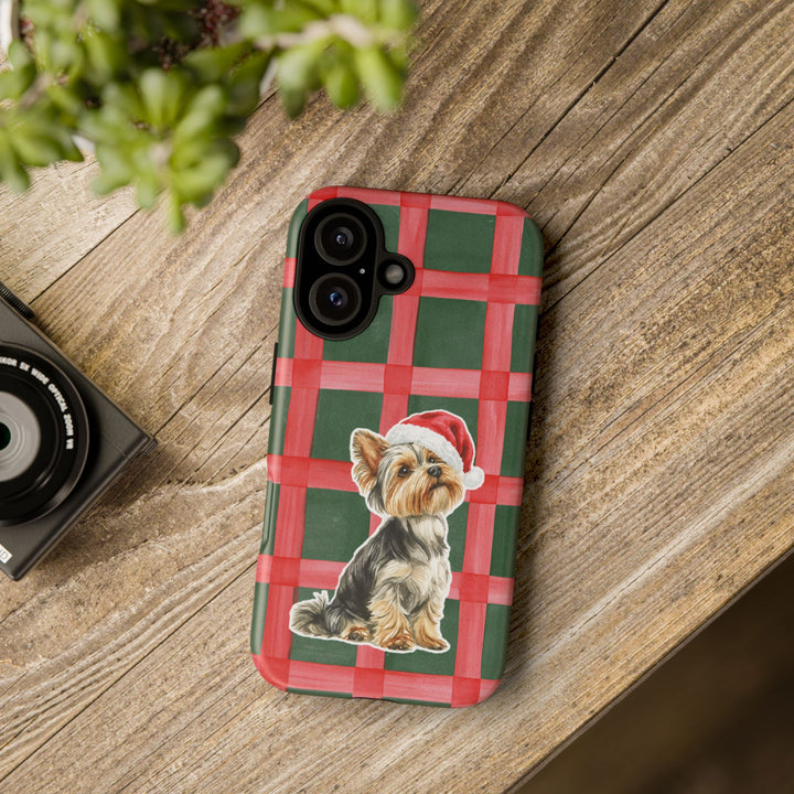 Yorkshire Terrier Christmas Tough iPhone Case, Red Green Plaid, Santa Dog Phone Cover