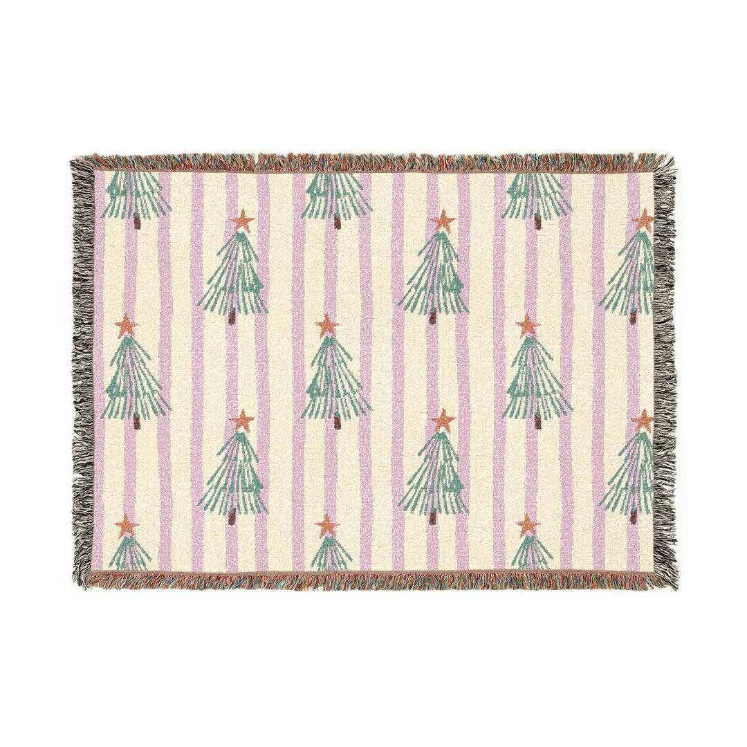 Pink Stripe Christmas Tree Woven Blanket, Retro Green Tree Cotton Throw, Festive Holiday Sofa Decor