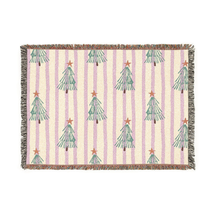 Pink Stripe Christmas Tree Woven Blanket, Retro Green Tree Cotton Throw, Festive Holiday Sofa Decor