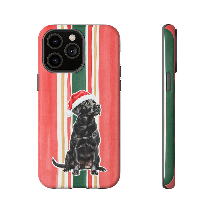 Black Labrador Christmas Tough iPhone Case, Classic Red Green Stripes, Santa Dog Phone Cover