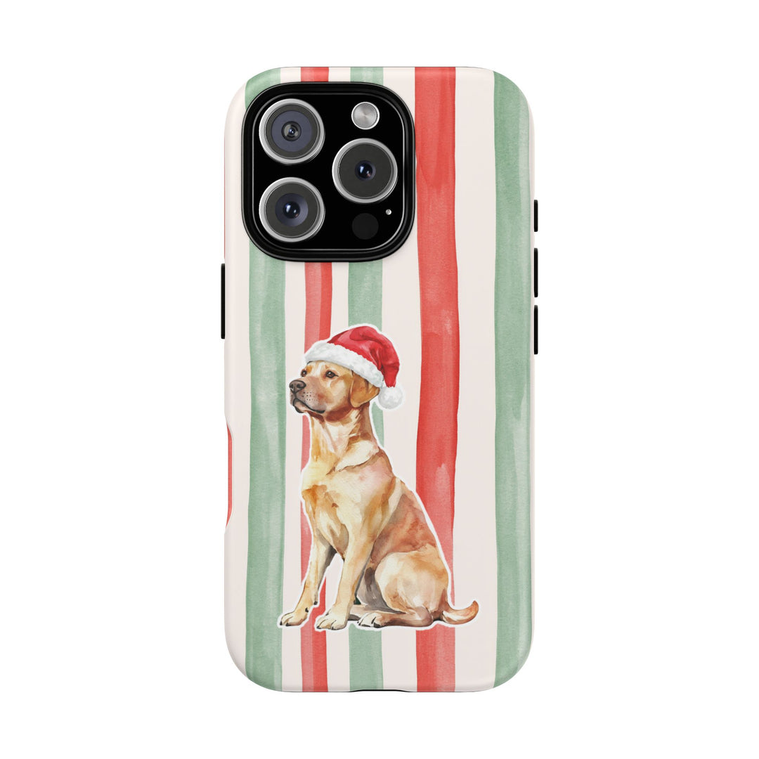 Yellow Labrador Christmas Tough iPhone Case, Red Sage Stripes, Santa Dog Phone Cover