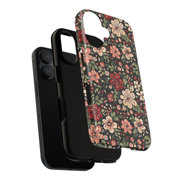 Retro Christmas Floral Tough iPhone Case, Dark Botanical Pink Red Flower Phone Cover, Matte or Glossy