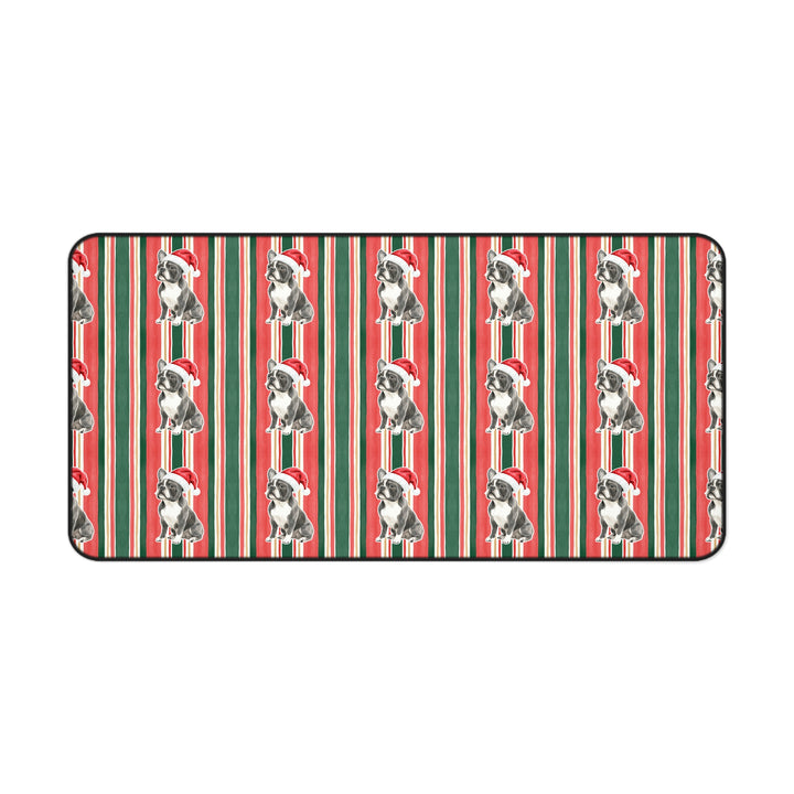 French Bulldog Christmas Desk Mat, Classic Red Green Stripes, Santa Dog Desk Pad