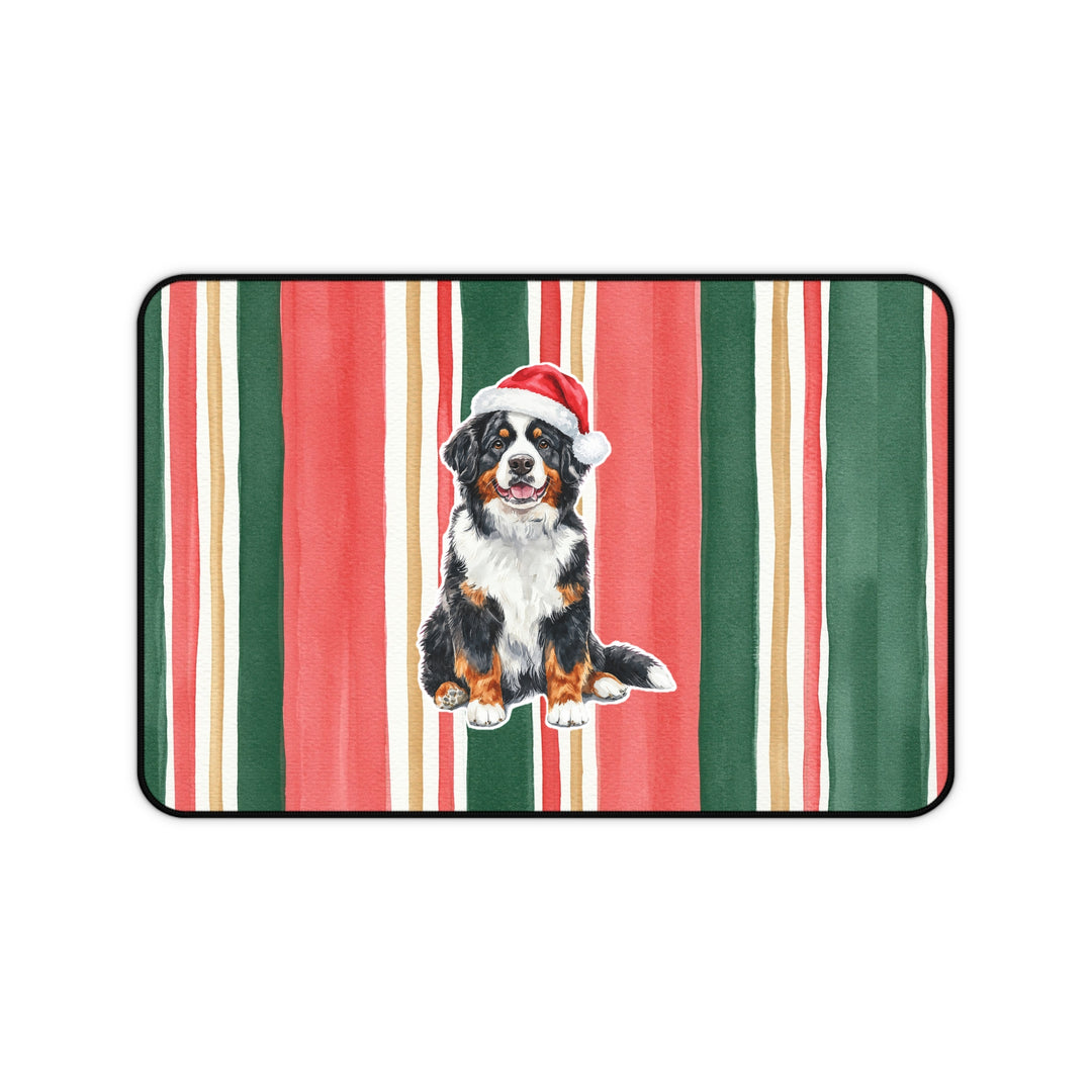 Bernese Mountain Dog Christmas Desk Mat, Centered Santa Dog, Classic Red Green Stripes
