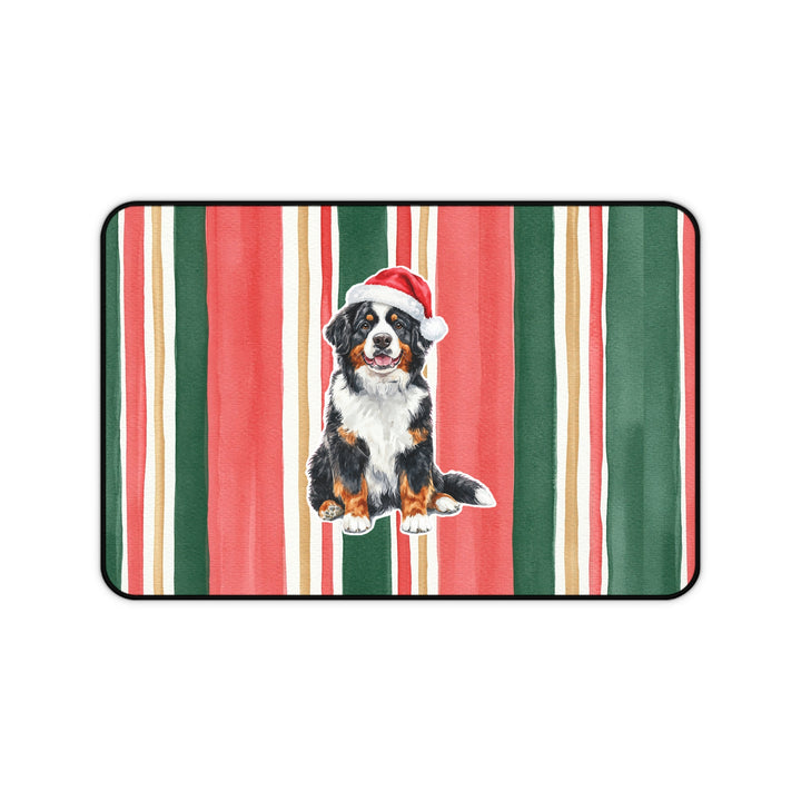 Bernese Mountain Dog Christmas Desk Mat, Centered Santa Dog, Classic Red Green Stripes
