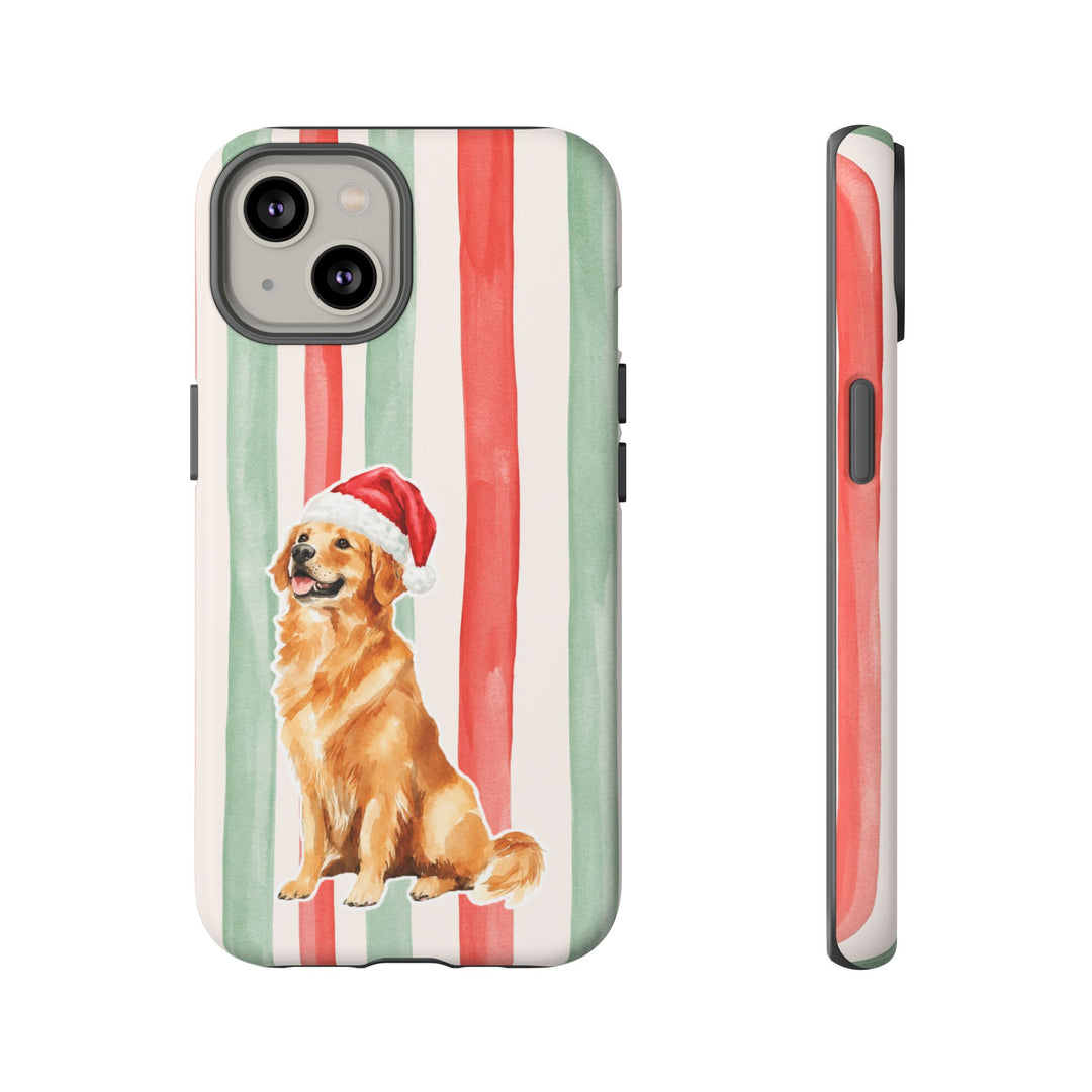 Golden Retriever Christmas Tough iPhone Case, Red Sage Stripes, Santa Dog Phone Cover