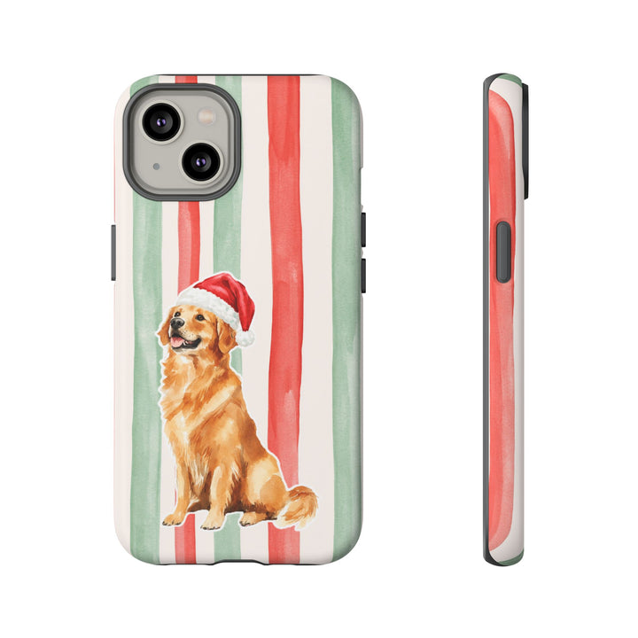 Golden Retriever Christmas Tough iPhone Case, Red Sage Stripes, Santa Dog Phone Cover