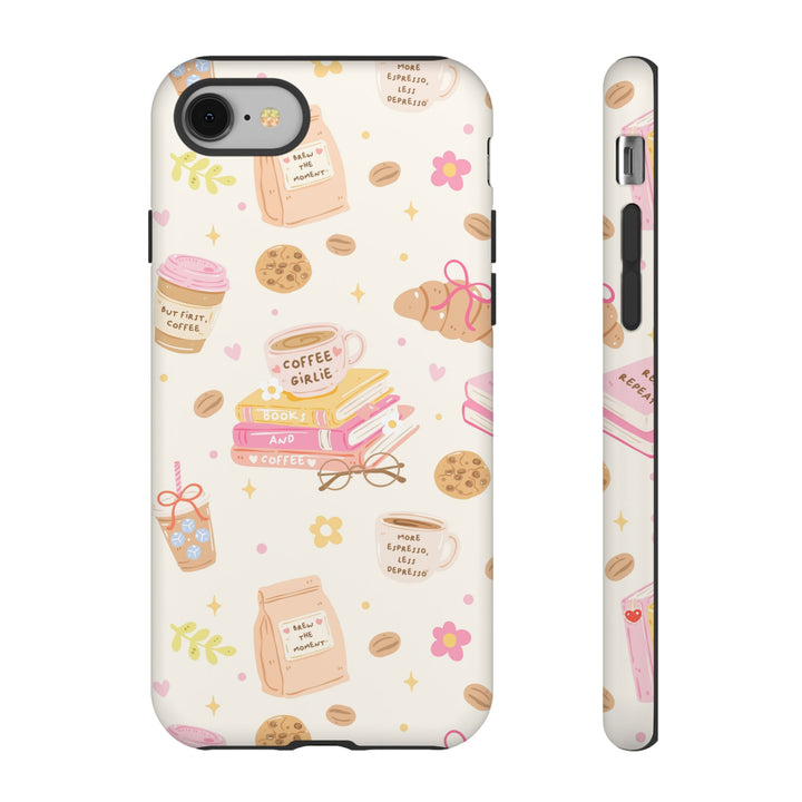 Coffee and Books Tough iPhone Case, Pastel Pink Bookish Phone Cover, Matte or Glossy