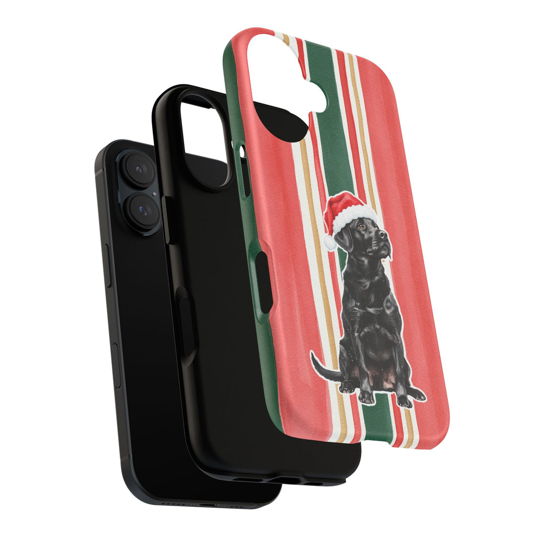 Black Labrador Christmas Tough iPhone Case, Classic Red Green Stripes, Santa Dog Phone Cover