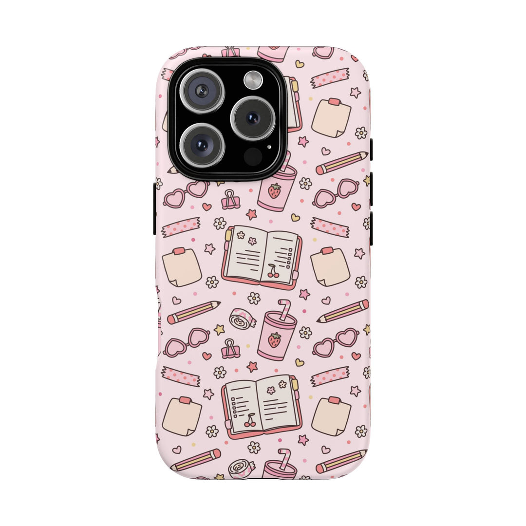 Pink Stationery Tough iPhone Case, Back to School Notebook and Pencil Phone Cover, Matte or Glossy