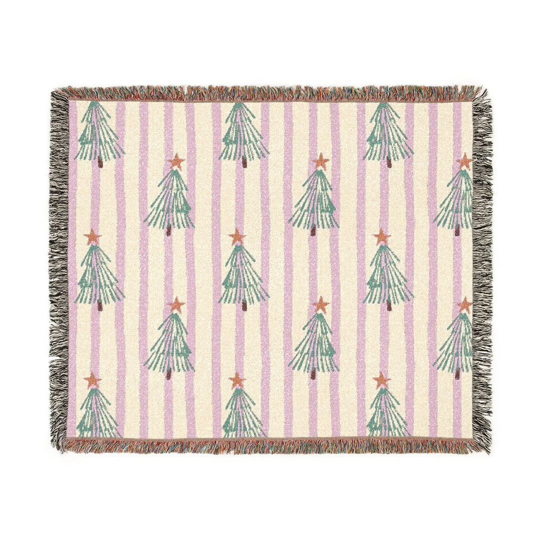 Pink Stripe Christmas Tree Woven Blanket, Retro Green Tree Cotton Throw, Festive Holiday Sofa Decor