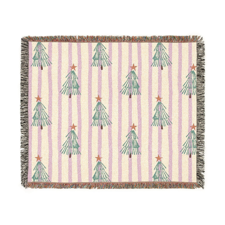 Pink Stripe Christmas Tree Woven Blanket, Retro Green Tree Cotton Throw, Festive Holiday Sofa Decor