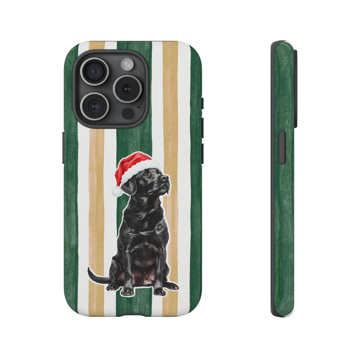 Black Labrador Christmas Tough iPhone Case, Green Gold Stripes, Santa Dog Phone Cover