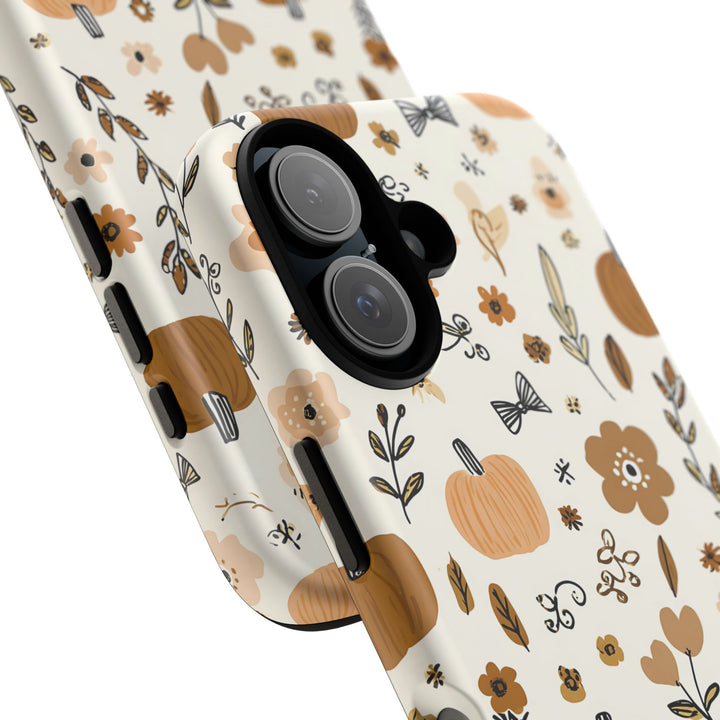 Pumpkin Floral Tough iPhone Case, Autumn Bows Phone Cover, Cream Fall Botanical Case, Matte or Glossy