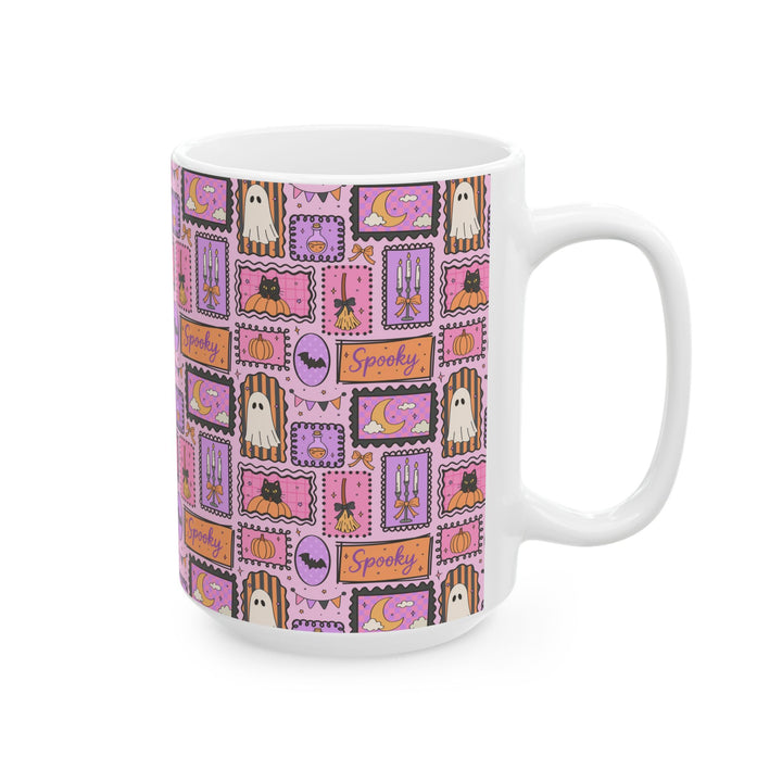 Pink Halloween Stamp Ceramic Mug, Spooky Black Cat Ghost Pumpkin Coffee Cup, Pastel Witchy Gift, 11oz and 15oz