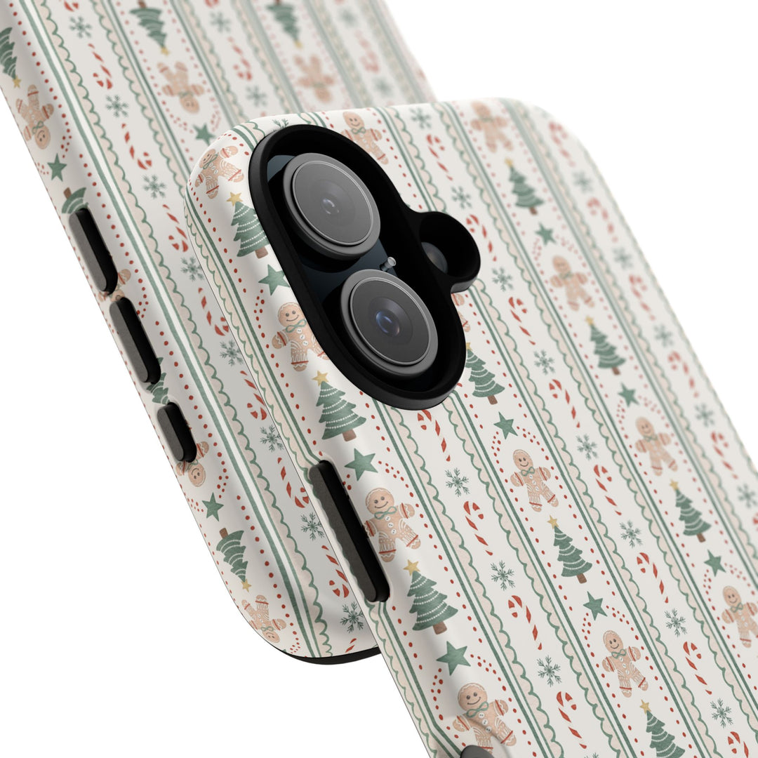 Gingerbread Stripe Tough iPhone Case, Sage Green Christmas Tree Holiday Phone Cover, Matte or Glossy