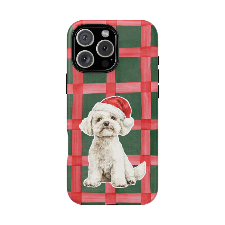 Maltese Christmas Tough iPhone Case, Red Green Plaid, Santa Dog Phone Cover