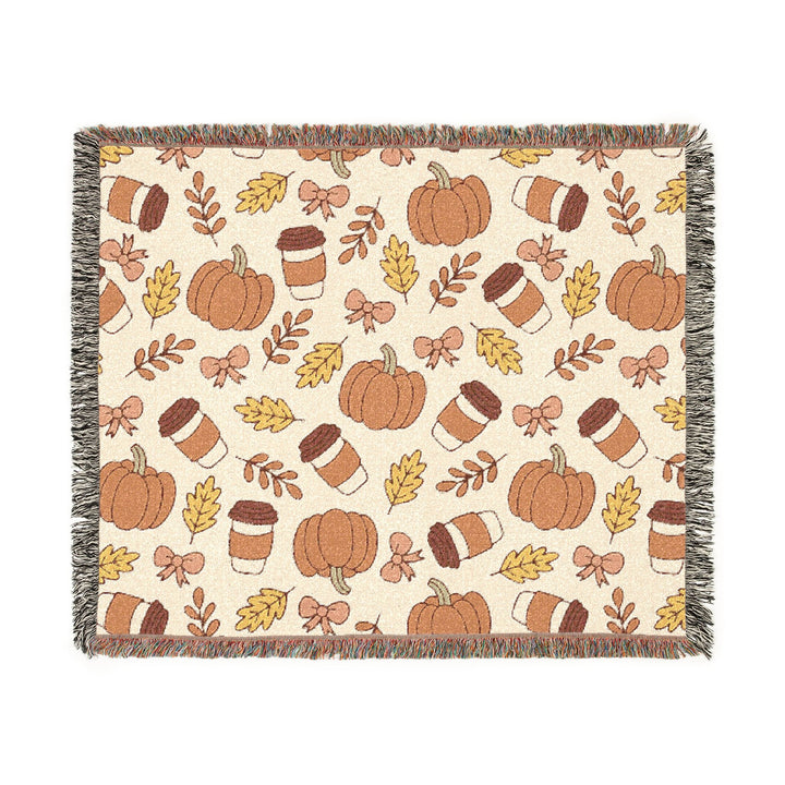 Fall Coffee Pumpkin Woven Blanket, Autumn Bow and Leaf Cotton Throw, Cozy Pumpkin Spice Sofa Decor