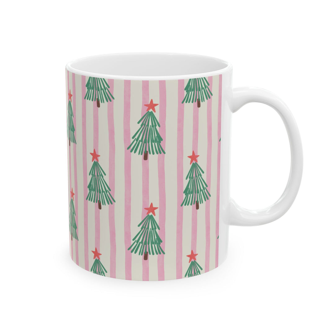 Pink Stripe Christmas Tree Ceramic Mug, Retro Green Tree Coffee Cup, Holiday Tea Gift, 11oz and 15oz