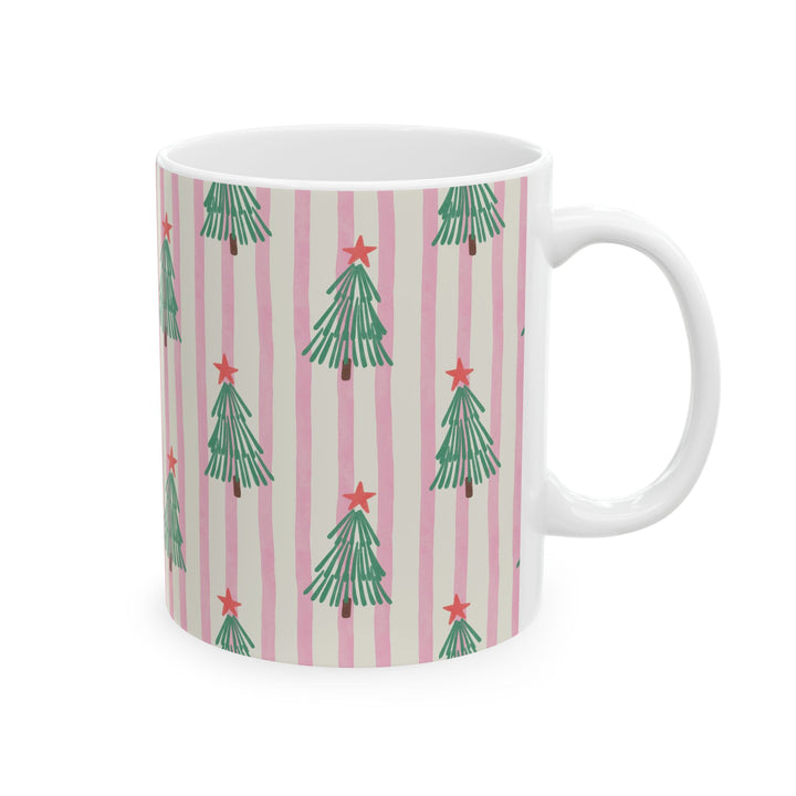 Pink Stripe Christmas Tree Ceramic Mug, Retro Green Tree Coffee Cup, Holiday Tea Gift, 11oz and 15oz