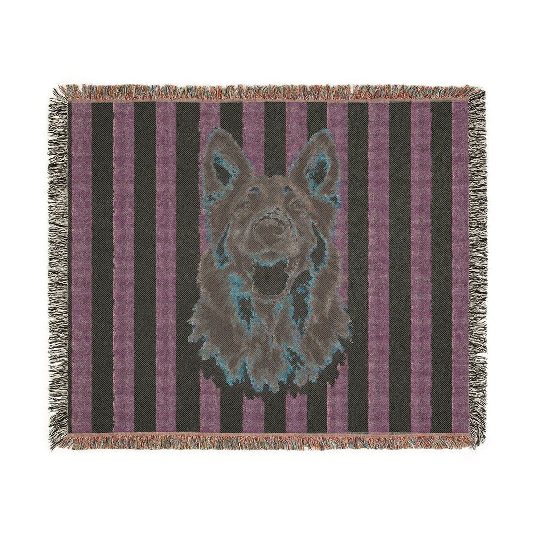 Custom Watercolor Dog Woven Blanket, Sage Green Cream Stripes, Personalized Pet Photo Cotton Throw, 60 x 50