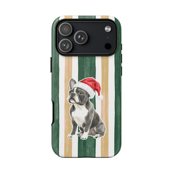 French Bulldog Christmas Tough iPhone Case, Green Gold Stripes, Santa Dog Phone Cover