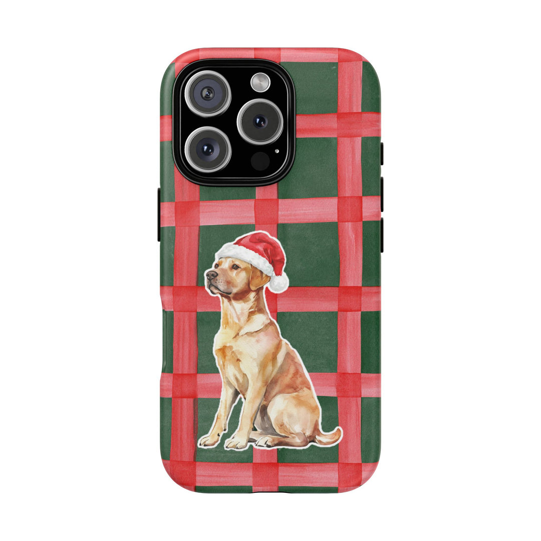 Yellow Labrador Christmas Tough iPhone Case, Red Green Plaid, Santa Dog Phone Cover