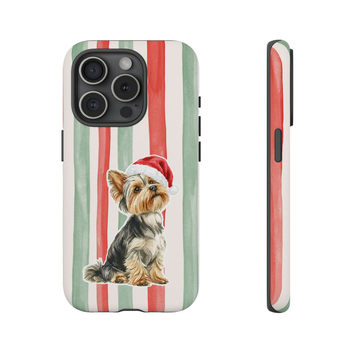 Yorkshire Terrier Christmas Tough iPhone Case, Red Sage Stripes, Santa Dog Phone Cover