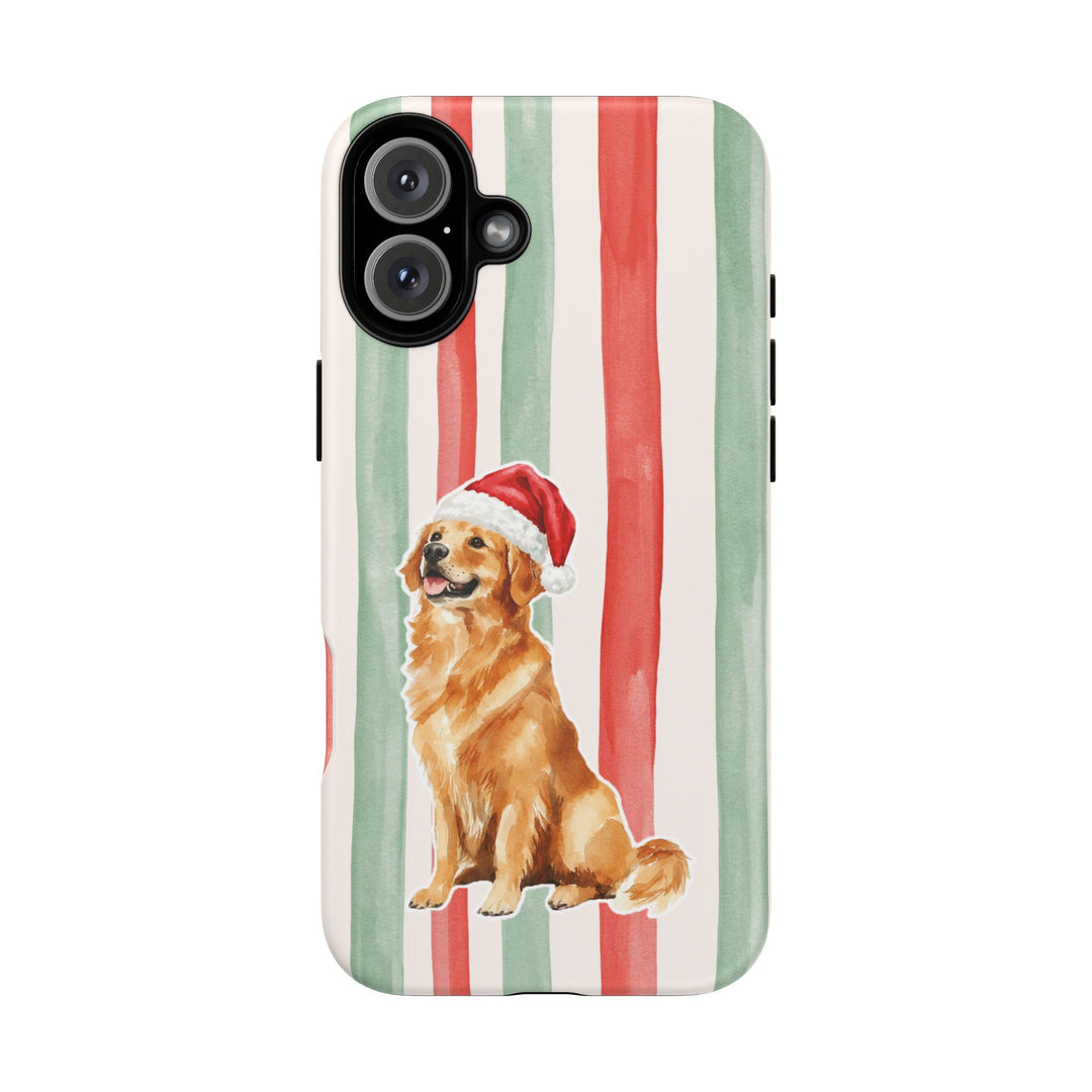Golden Retriever Christmas Tough iPhone Case, Red Sage Stripes, Santa Dog Phone Cover