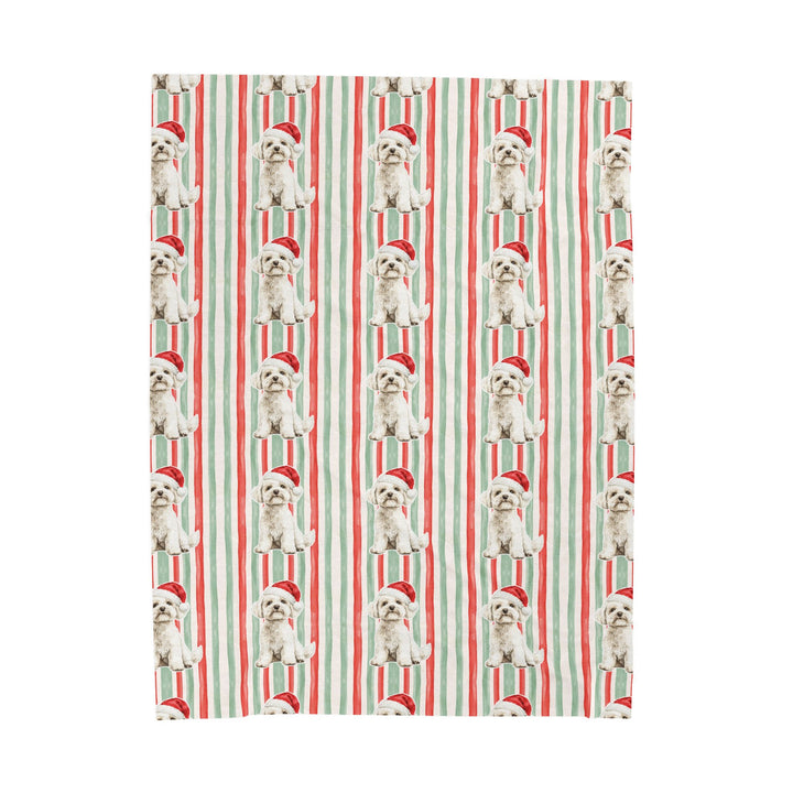 Maltese Christmas Velveteen Plush Blanket, Red Sage Stripes, Santa Dog Throw