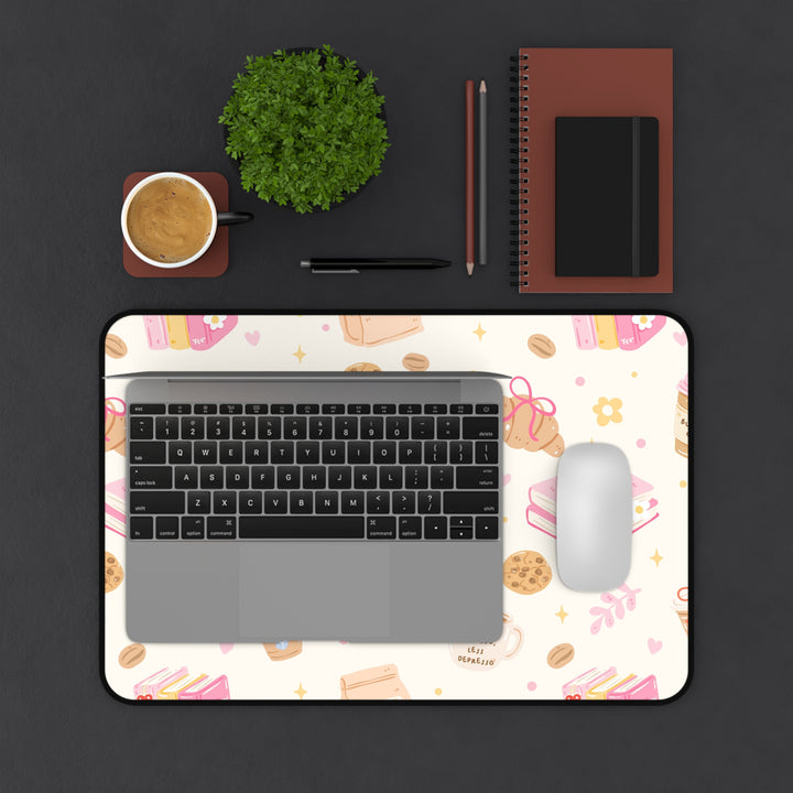 Coffee and Books Desk Mat, Pastel Pink Bookish Desk Pad, Non Slip Neoprene Office Decor