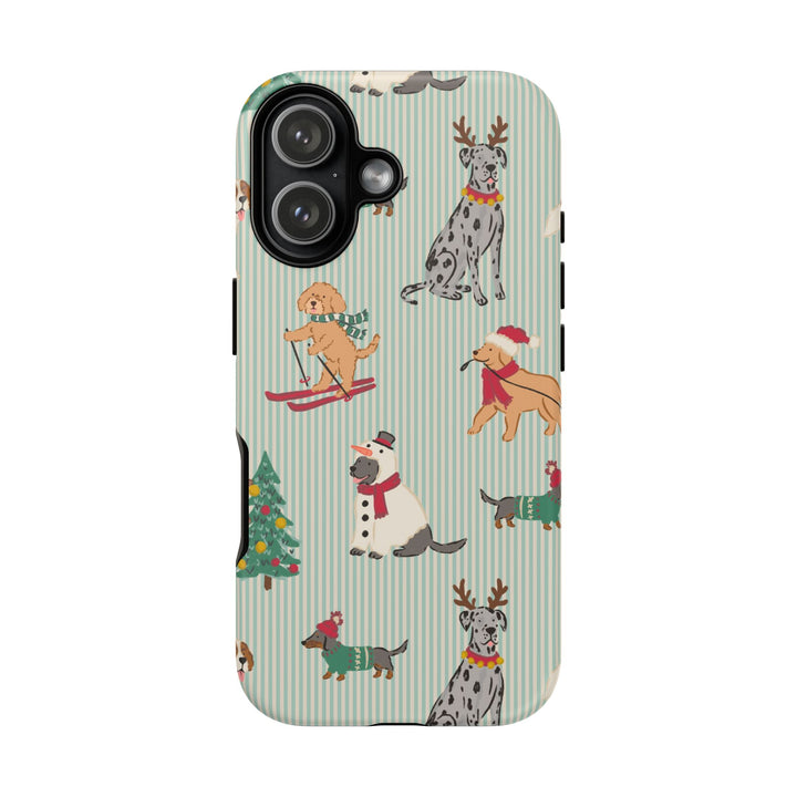 Christmas Dogs Tough iPhone Case, Green Stripe Holiday Dog Phone Cover, Matte or Glossy