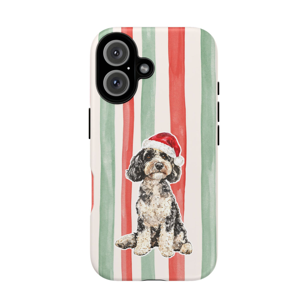 Doodle Christmas Tough iPhone Case, Red Sage Stripes, Santa Dog Phone Cover