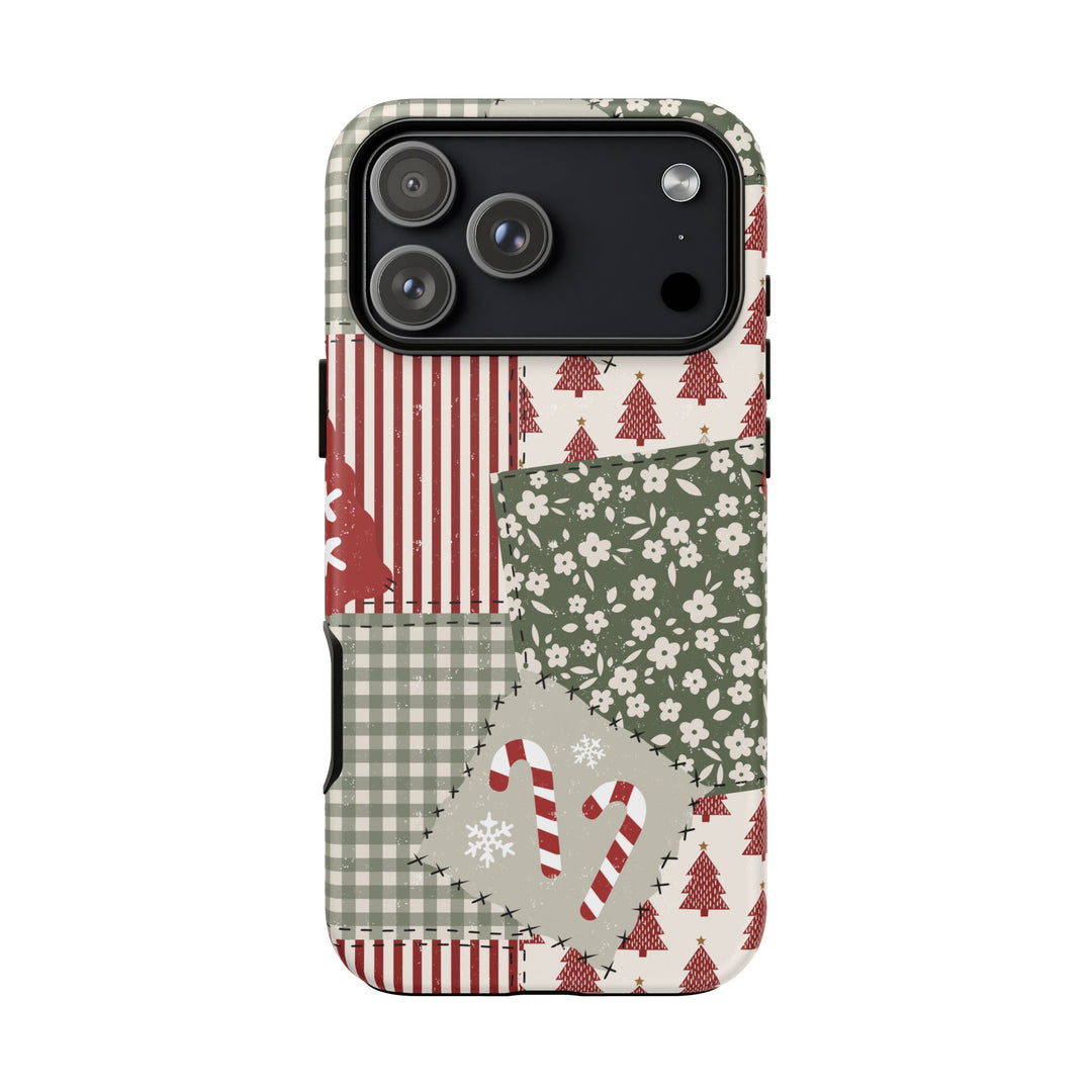 Christmas Patchwork Tough iPhone Case, Red Sage Floral Gingham Holiday Phone Cover, Matte or Glossy