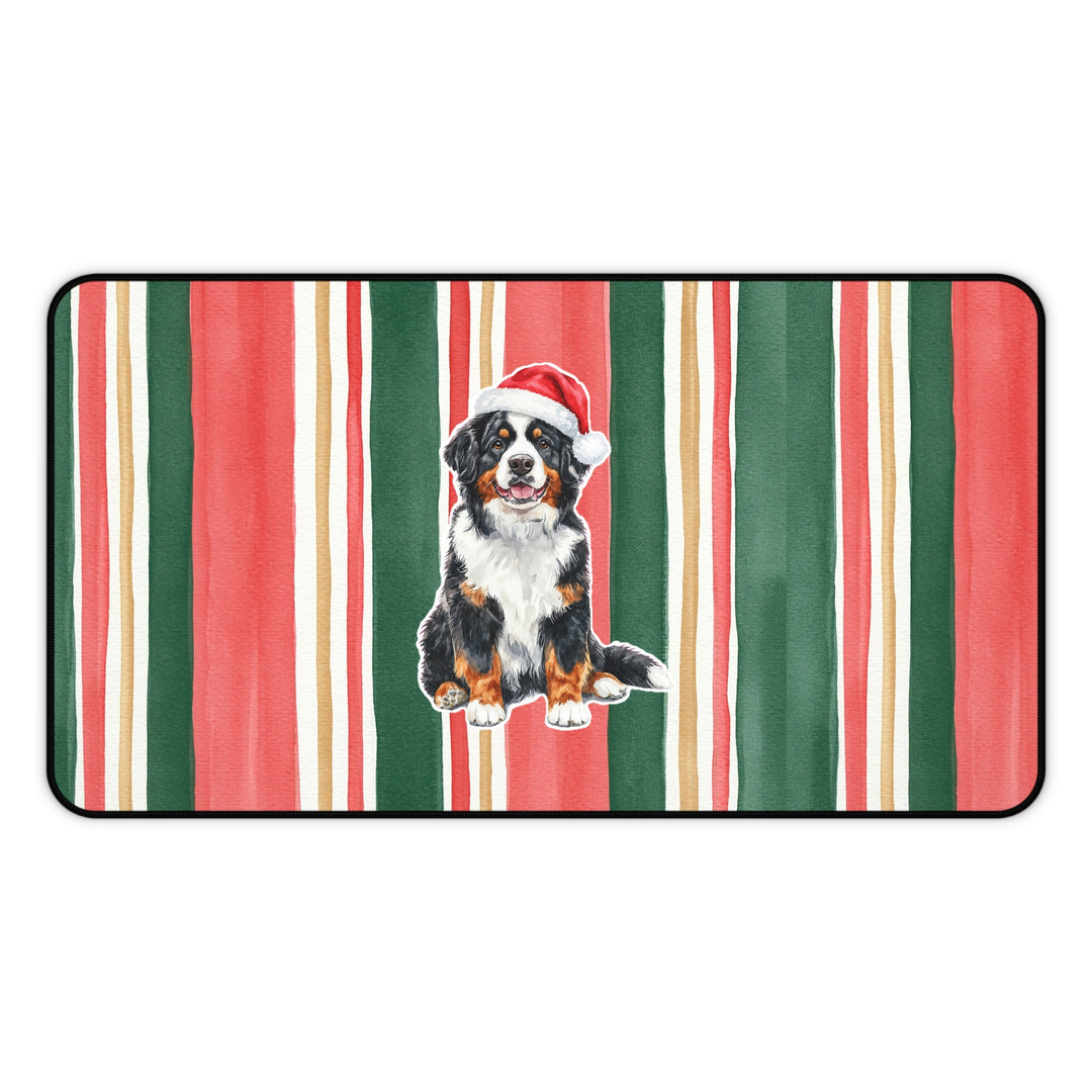 Bernese Mountain Dog Christmas Desk Mat, Centered Santa Dog, Classic Red Green Stripes