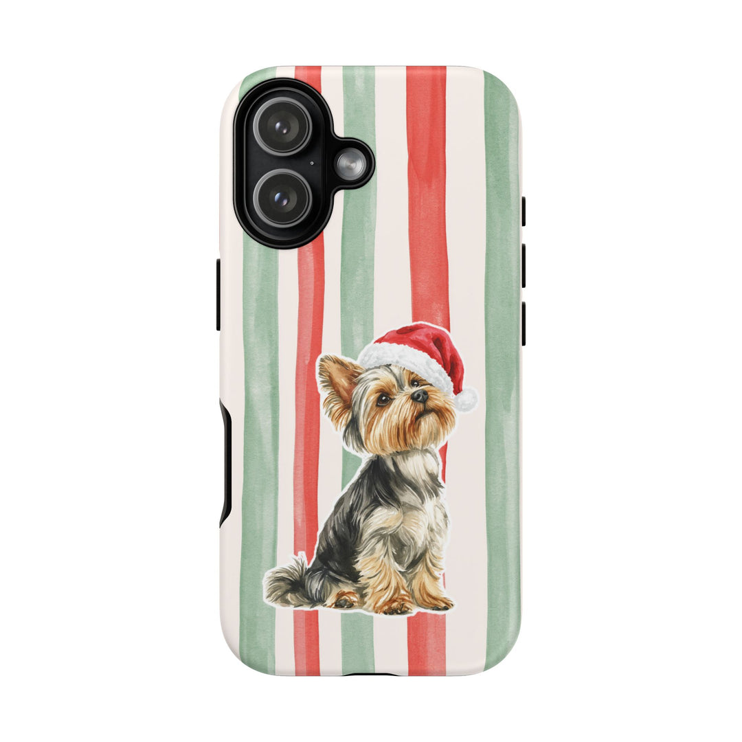 Yorkshire Terrier Christmas Tough iPhone Case, Red Sage Stripes, Santa Dog Phone Cover