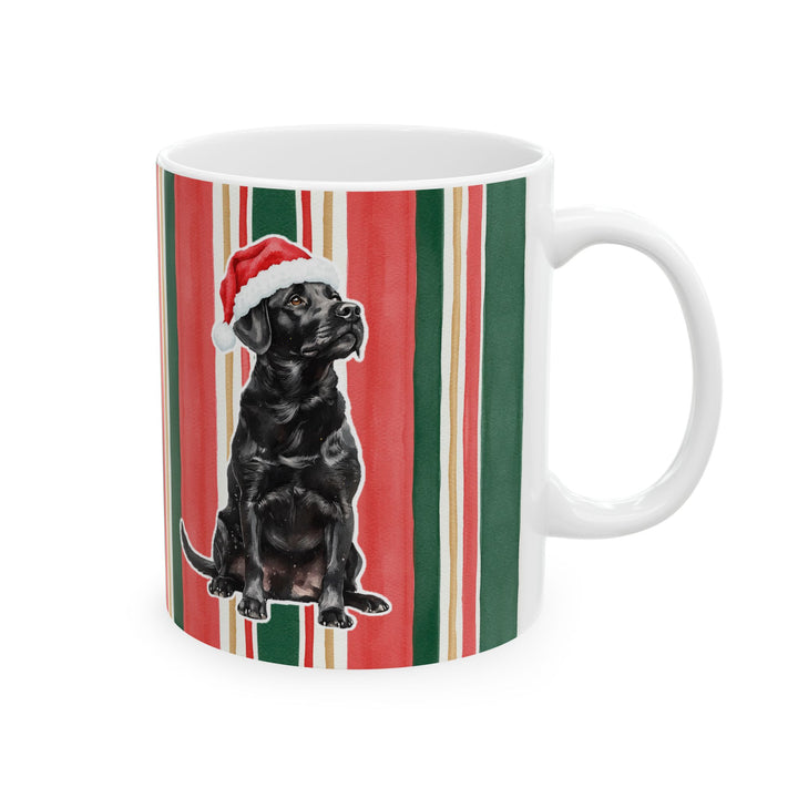 Black Labrador Christmas Mug, Classic Christmas Stripes, 11oz White Ceramic