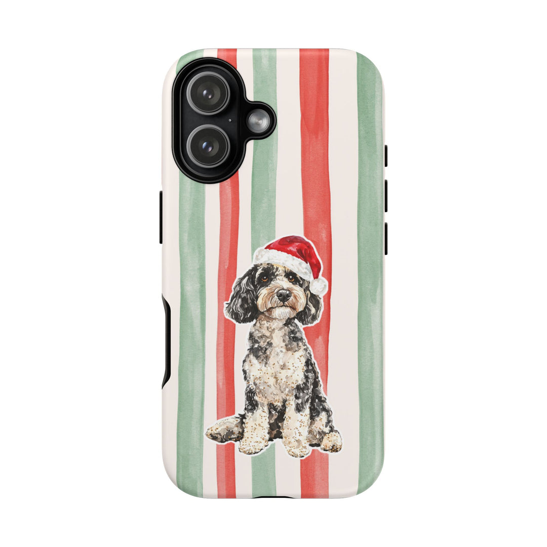 Doodle Christmas Tough iPhone Case, Red Sage Stripes, Santa Dog Phone Cover