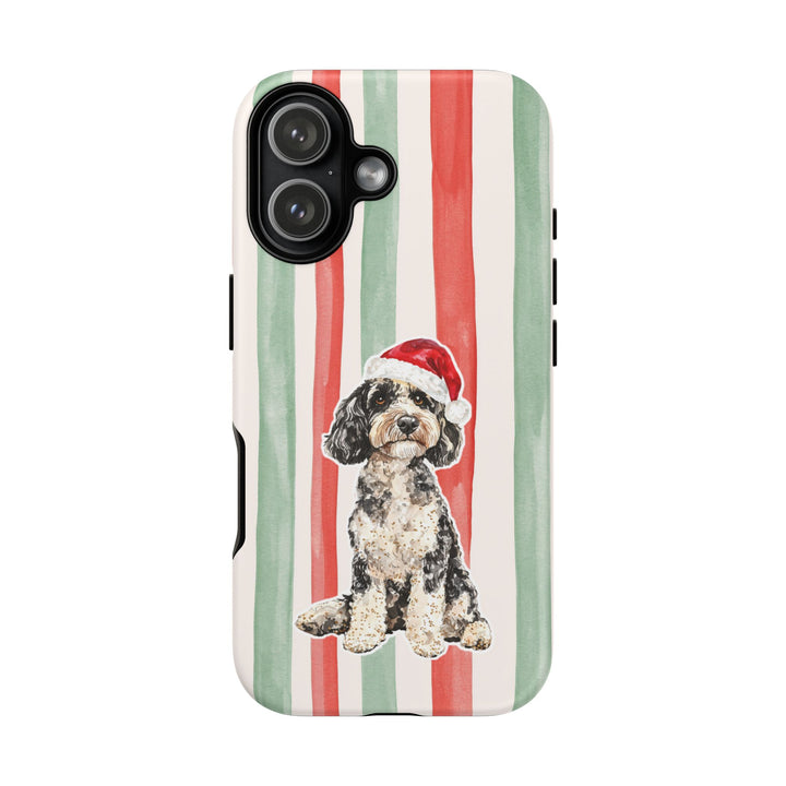 Doodle Christmas Tough iPhone Case, Red Sage Stripes, Santa Dog Phone Cover