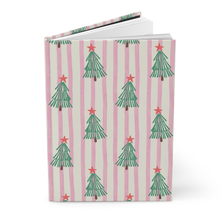 Retro Christmas Tree Hardcover Notebook, Pink Stripe Lined Journal, Cute Holiday Stationery Gift