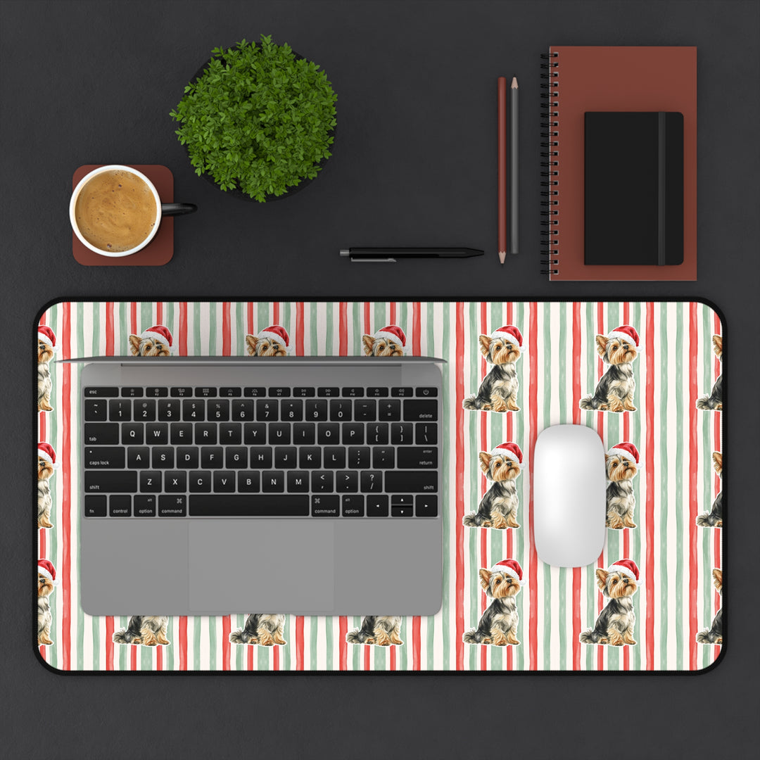 Yorkshire Terrier Christmas Desk Mat, Red Sage Stripes, Santa Dog Desk Pad