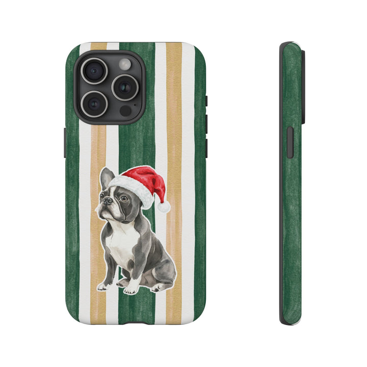 French Bulldog Christmas Tough iPhone Case, Green Gold Stripes, Santa Dog Phone Cover