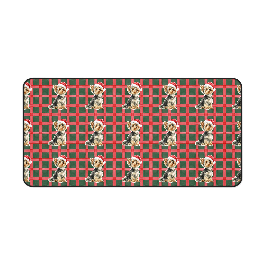 Yorkshire Terrier Christmas Desk Mat, Red Green Plaid, Santa Dog Desk Pad