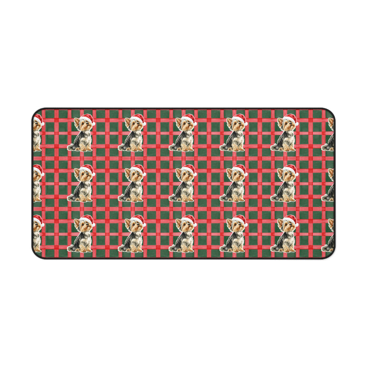 Yorkshire Terrier Christmas Desk Mat, Red Green Plaid, Santa Dog Desk Pad