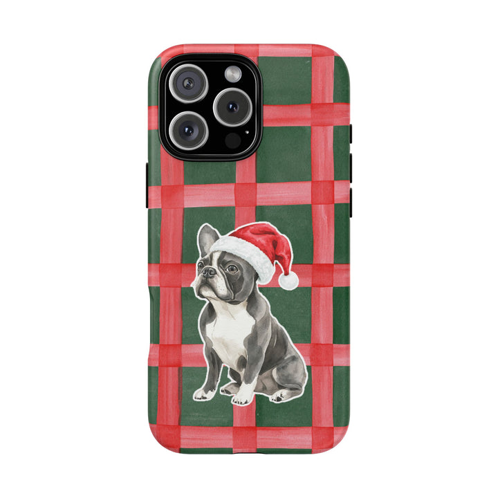 French Bulldog Christmas Tough iPhone Case, Red Green Plaid, Santa Dog Phone Cover