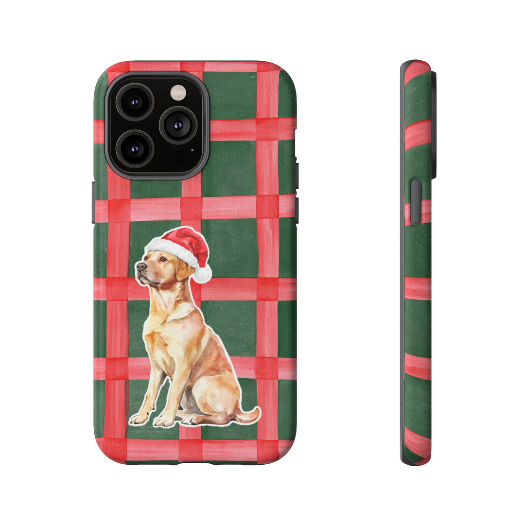 Yellow Labrador Christmas Tough iPhone Case, Red Green Plaid, Santa Dog Phone Cover