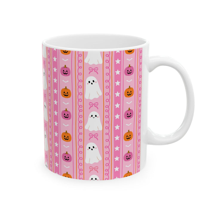 Pink Halloween Ghost Stripe Ceramic Mug, Cute Pumpkin Bow Coffee Cup, Pastel Spooky Gift, 11oz and 15oz