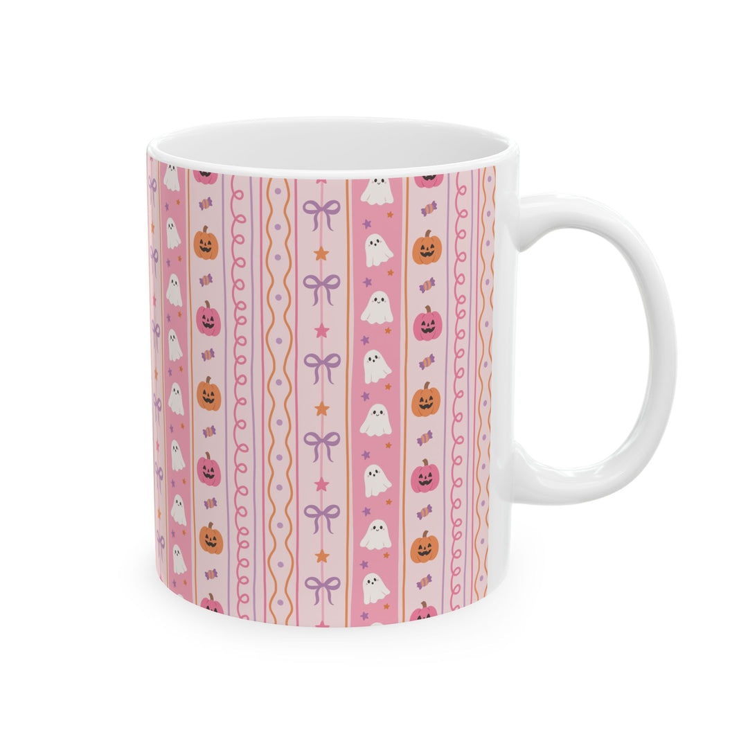 Pastel Halloween Pumpkin Ghost Ceramic Mug, Pink Candy Bow Stripe Coffee Cup, Cute Spooky Gift, 11oz and 15oz