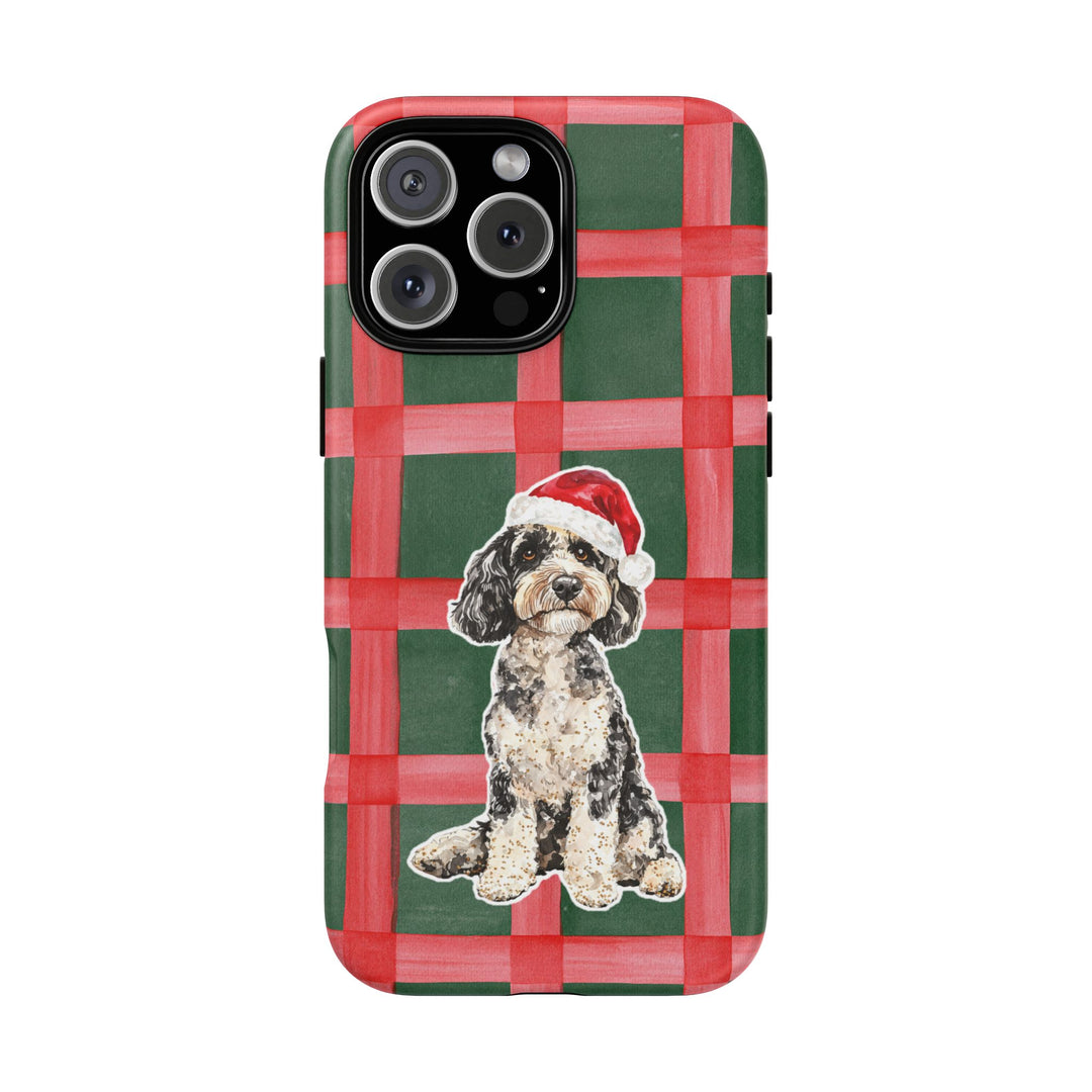 Doodle Christmas Tough iPhone Case, Red Green Plaid, Santa Dog Phone Cover