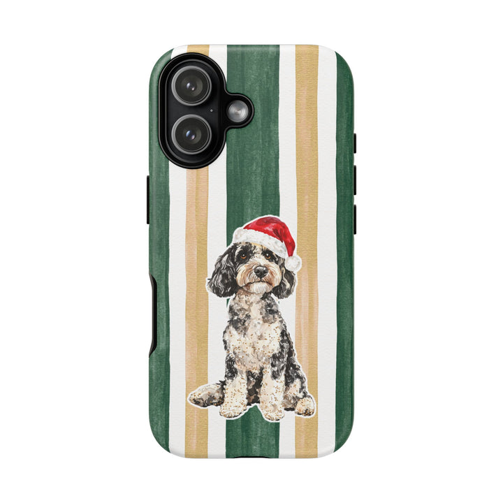 Doodle Christmas Tough iPhone Case, Green Gold Stripes, Santa Dog Phone Cover